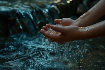 a child washing his hands in a stream