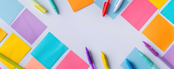 Colorful sticky notes and pens arranged creatively on a white background. Perfect for school, office, and creative projects.