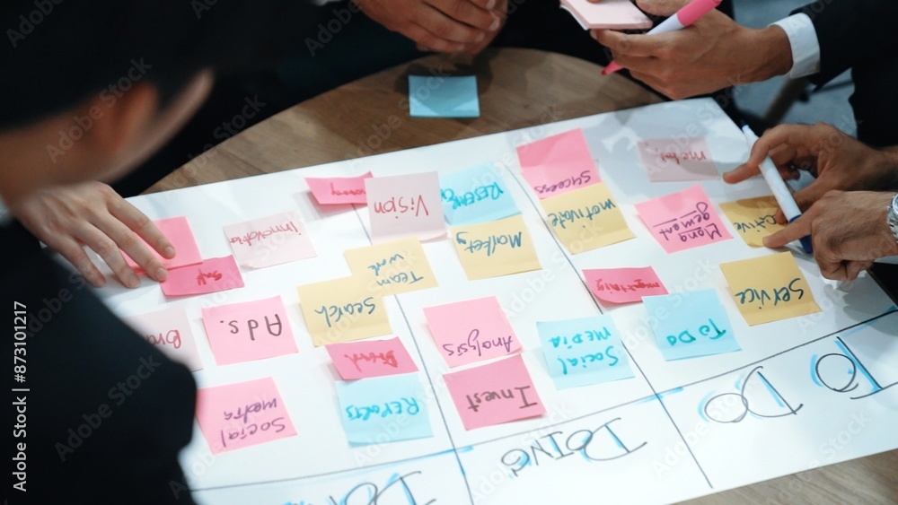 Aufkleber top view of business people hands making scrum task board to manage workflow in workplace. diverse m