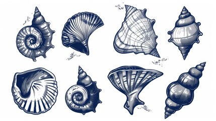 Seashells engraved on grunge t-shirts for fashion design. Modern labels with conch and typography. Engraved grunge logo for marine diving club or nautical sport team.