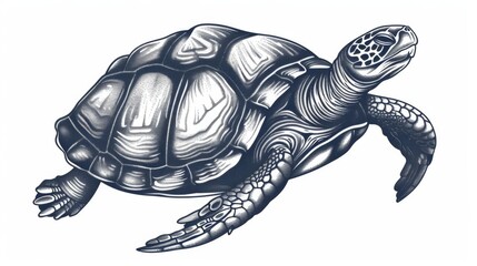 Fototapeta premium The endangered Chelonia mydas turtle was isolated as a monochrome sketch icon. The tortoise has a hard shell and is an amphibian mascot. The character is an underwater creature, aquatic reptile, or
