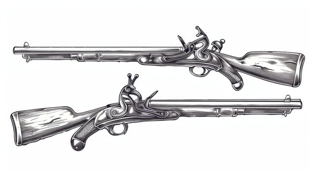 An antique shotgun isolated on a firelock rifle for gunnery arsenal, a modern duel gun weapon of pirates and cowboys, an ancient shotgun rifle with a trigger.