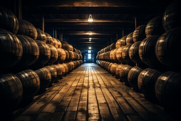 Wine barrels in a dark cellar