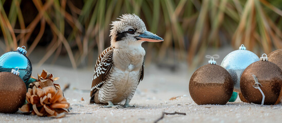 Close up brown Australian kookaburra wildlife Christmas beach festive scene natural rustic sand outdoor coastal aqua baubles decoration cheerful native bird Australia environment flora background