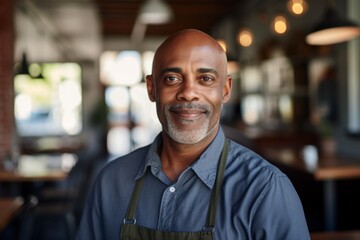 Fototapeta premium Portrait of a middle aged African American male barista smiling in modern cafe