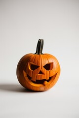 A carved Halloween pumpkin with a spooky face, set against a neutral background. Perfect for Halloween-themed projects and festive decorations.