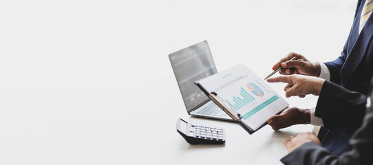 Financial advisor is discussing statistical data analysis and financial planning. Businessman...