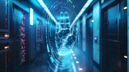 A hand is projected onto a wall in a room. The hand is surrounded by a blue circle, and the room is dimly lit. Concept of mystery and intrigue