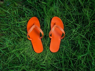 Pair of bright orange flip-flops placed on vibrant green grass, evoking a fresh and summery feel, perfect for vacation and leisure themes.
