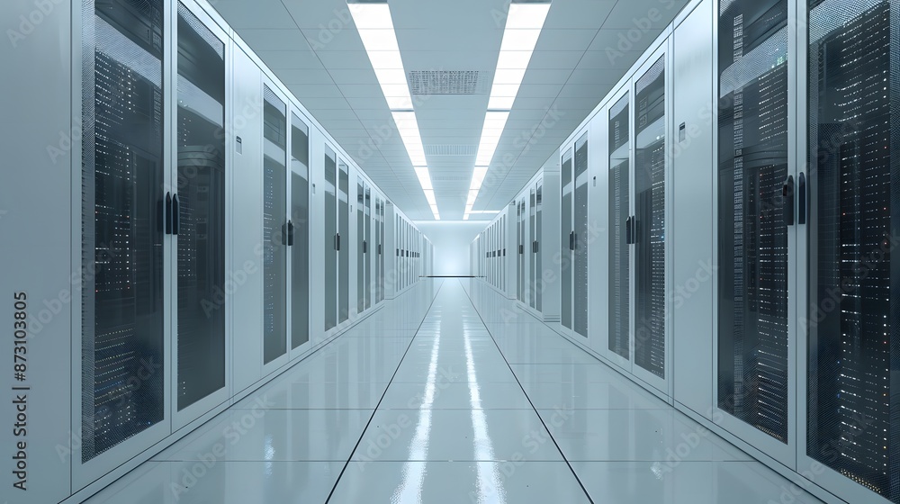 Poster a neon sign with a cloud on it is lit up in a dark room. the room is filled with rows of servers and