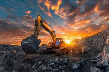 A powerful excavator at work in a quarry at sunrise, showcasing the machinery and industrial landscape.