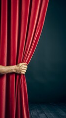 Hand pulls open vibrant red curtain against dark background, stage setting Vertical Mobile Wallpaper