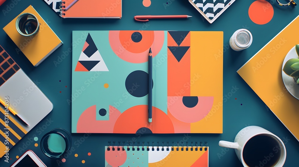 Aufkleber a spiral bound notebook with a colorful design sits on a table with a pencil and a ball. the noteboo