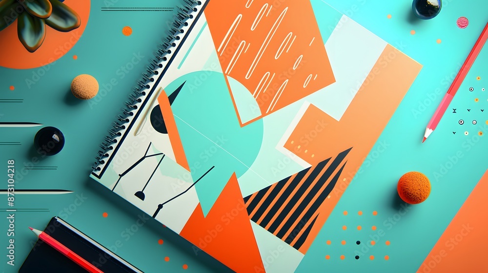 Aufkleber a spiral bound notebook with a colorful design sits on a table with a pencil and a ball. the noteboo