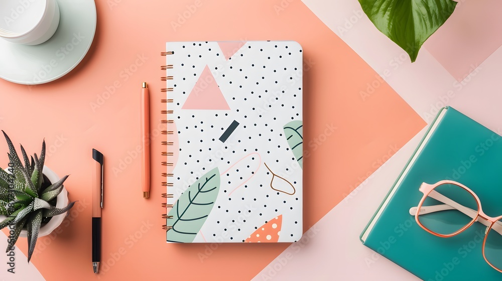 Aufkleber a spiral bound notebook with a colorful design sits on a table with a pencil and a ball. the noteboo