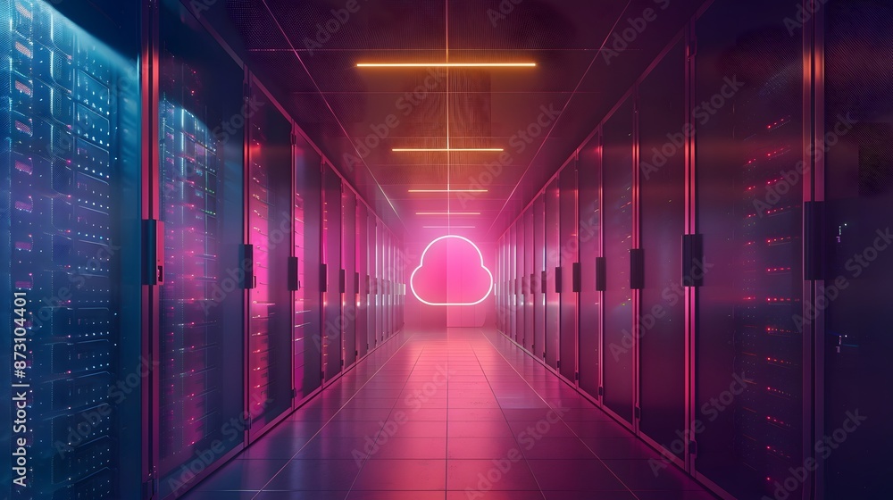 Poster a neon sign with a cloud on it is lit up in a dark room. the room is filled with rows of servers and