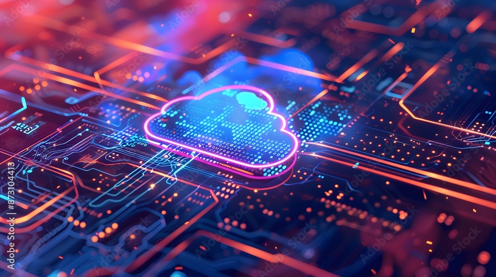 Poster a neon sign with a cloud on it is lit up in a dark room. the room is filled with rows of servers and