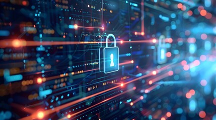 Fototapeta premium A colorful image of a keyhole with a lock on it. The lock is surrounded by a web of lines and dots, giving the impression of a complex and intricate security system. Concept of mystery and intrigue