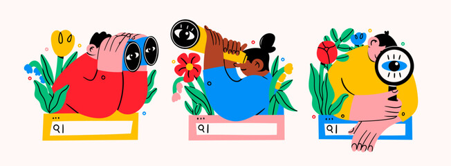 Fototapeta premium Set of people with binoculars, magnifying glass on search bar with flowers. Searching, finding, web surfing, looking for opportunities concept. Hand drawn Vector illustration. Isolated design elements