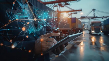 Businessman Holding a Tablet with Global Network Connections at a Shipping Port