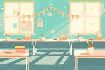 Bright and cheerful classroom with sunlight streaming through the window, decorated with bunting and supplies on desks.