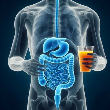 Digestive system and a glass of orange juice.