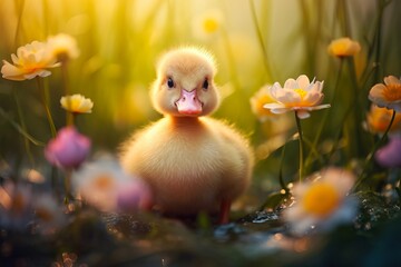 A cute duckling surrounded by colorful flowers at sunset, capturing a serene and vibrant moment in nature. Ideal for themes of spring, wildlife, and tranquility.