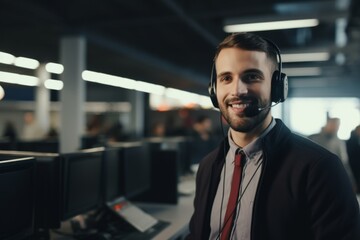 Fototapeta premium Portrait of a young male service representative with headset in office