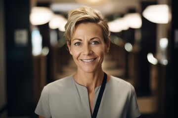 Fototapeta premium Portrait of a middle aged hotel staff woman smiling in hallway