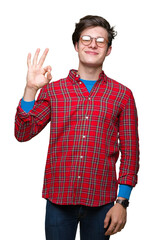 Young handsome man wearing glasses over isolated background smiling positive doing ok sign with hand and fingers. Successful expression.