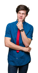 Young handsome business man wearing red tie over isolated background with hand on chin thinking about question, pensive expression. Smiling with thoughtful face. Doubt concept.