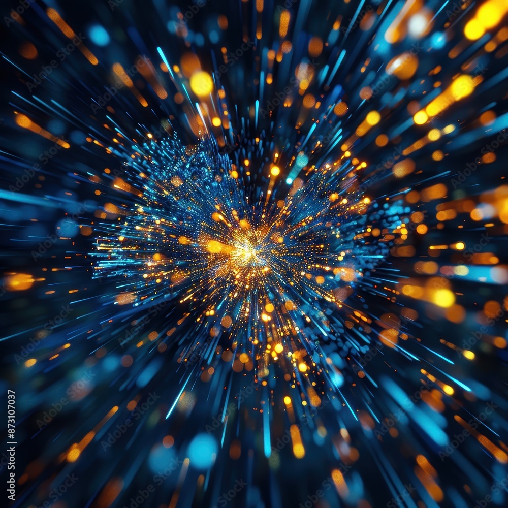 Poster abstract light burst with vibrant blue and orange colors, depicting a dynamic and energetic explosio