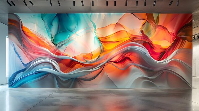 Contemporary art gallery setting, abstract mural with fluid lines and vibrant colors, high-resolution, ultra-realistic photography emphasizing texture and depth.