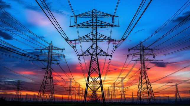 Power Transmission Lines Silhouetted Against Vibrant Sunset Sky