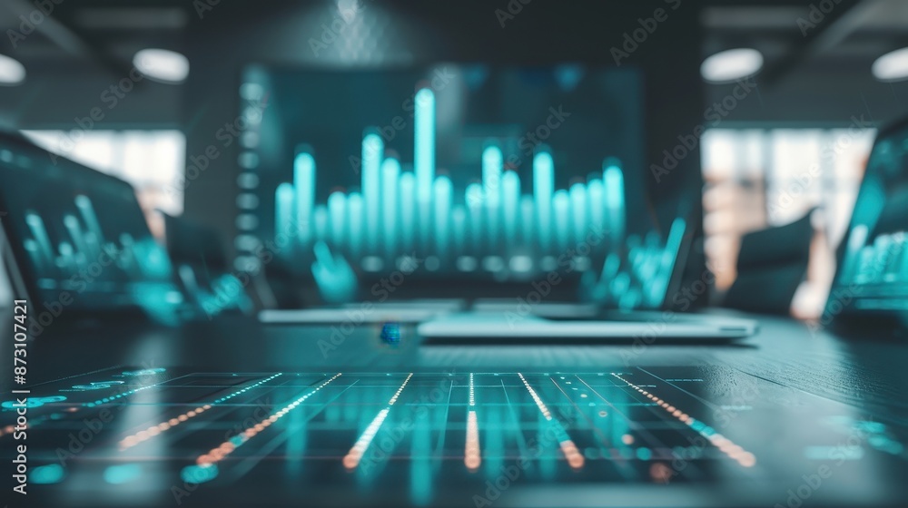 Aufkleber modern office with digital financial graphs on screens, displaying data analytics and business growt