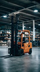 Vast warehouse with orange forklift, dim lighting, shelves Vertical Mobile Wallpaper