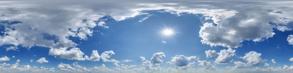 blue sky hdri 360 panorama view with awesome white clouds with zenith  for use in 3d graphics as sky dome or edit drone shot as sky replacement