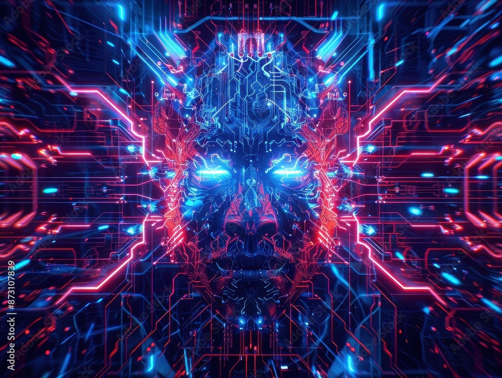 Poster futuristic digital face with neon lights, representing artificial intelligence and cyber technology.