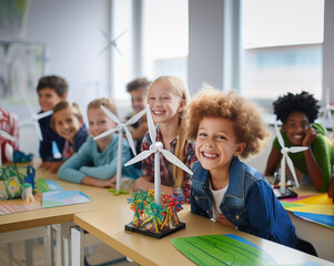 Fototapeta premium Smiles of the future: Children enthusiastically explore renewable energy sources