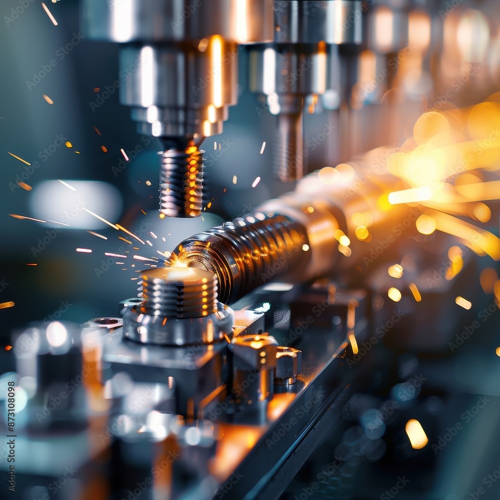 Poster close-up of high-precision cnc machine working on metal parts with sparks flying. industrial manufac