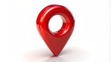 A vibrant red glossy three-dimensional map pin with subtle shadow cast on a clean, isolated white background, conveying location accuracy.