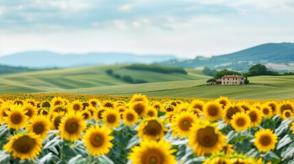 A tranquil countryside scene with rolling hills