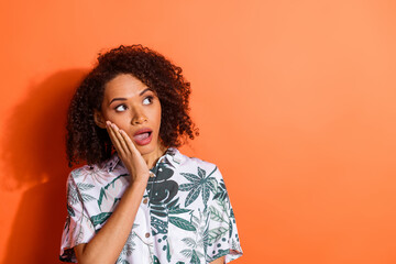 Photo of impressed girl look empty space isolated bright color background