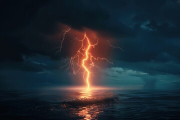 Obraz premium Striking shot of a powerful lightning bolt hitting the ocean under a stormy sky, illuminating the dark waters with a brilliant glow.