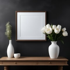 Dark exhibition room interior with wooden dresser and art decoration, front view, grey concrete floor. Mock up poster on grey wall. 3D rendering