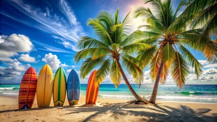 Vibrant tropical beach scene featuring colorful surfboards leaning against palm trees under a bright blue sky with fluffy white clouds.