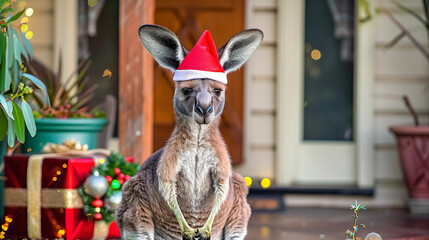Cute kangaroo wearing red Christmas hat sitting porch surrounded by festive decorations including gift boxes wreaths greenery outdoor holiday scene highlighting Australian wildlife xmas joy
