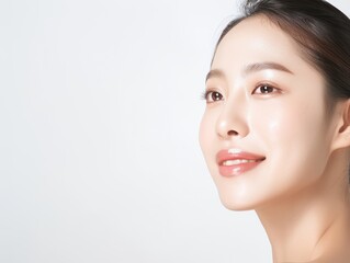 Obraz premium Portrait of a young woman with radiant skin, smiling softly, looking confident and serene against a white background.