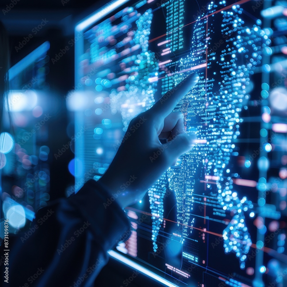 Aufkleber Person interacting with a digital world map on a touchscreen interface, depicting data visualization and global communication in a futuristic setting.