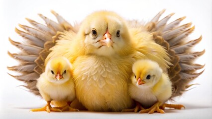 Adorable little yellow chick peeking out from under mother hen's warm wings on a clean transparent background with soft shadows.